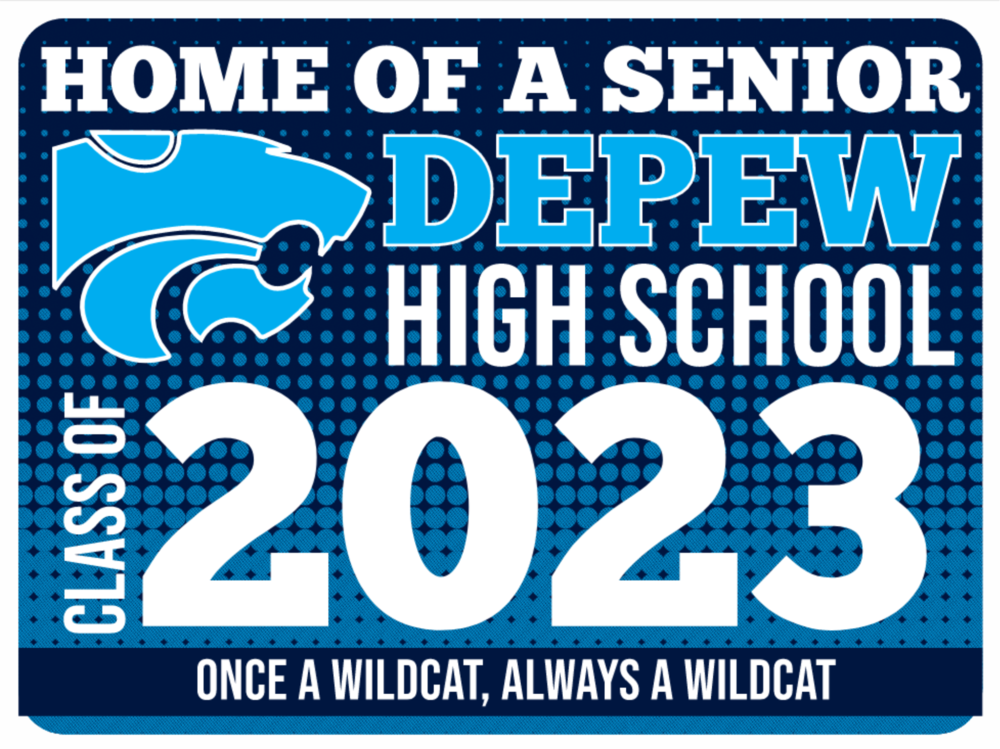 Blue and white sign, HOME OF A SENIOR DEPEW HIGH SCHOOL CLASS OF 2023