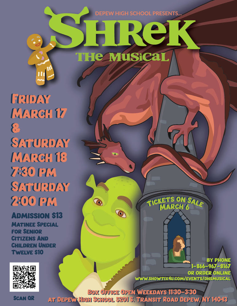 Shrek the Musical gray, green and brown flyer