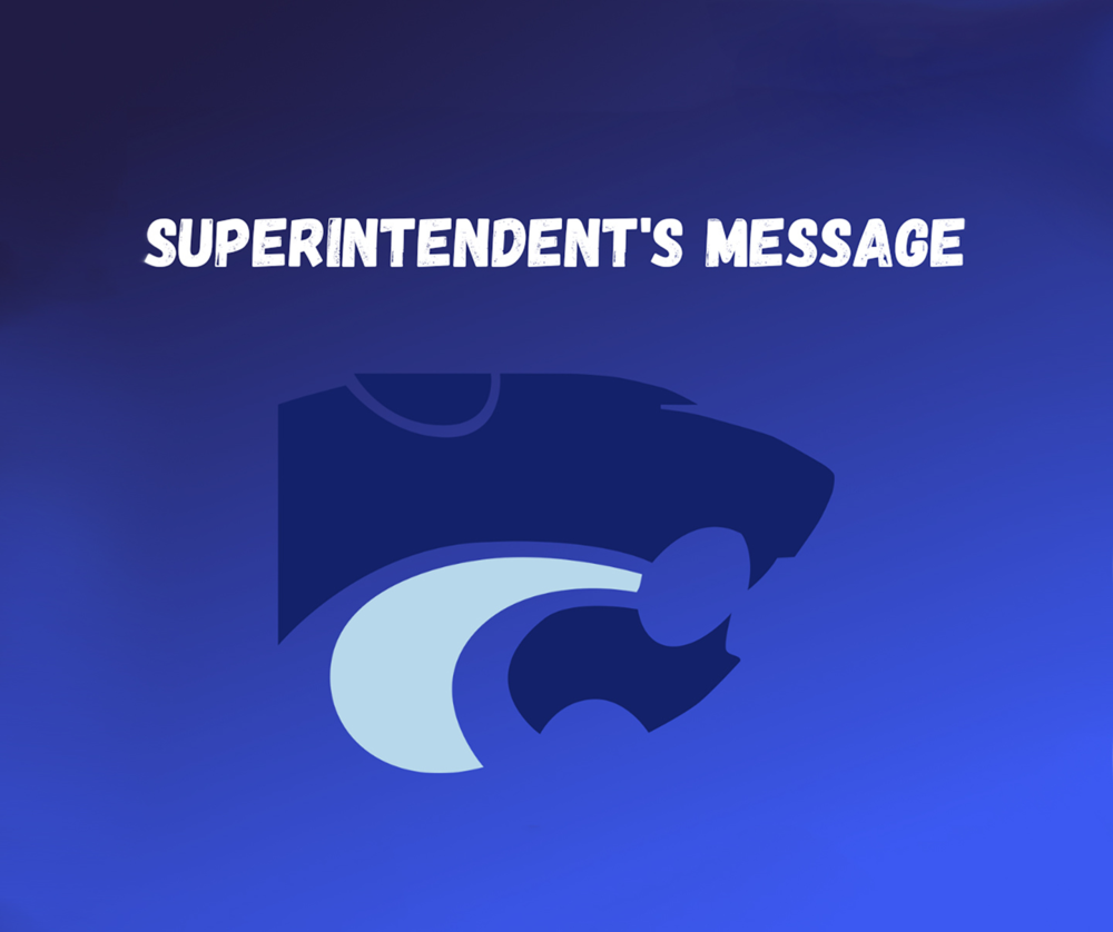 Blue Wildcat logo on blue background and SUPRINTENDENT'S MESSAGE across the top