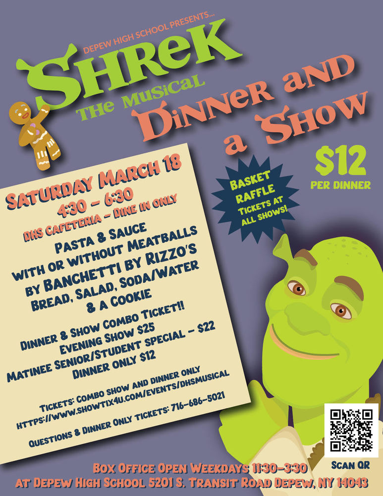 Shrek the Musical gray, green and brown diner and a show flyer