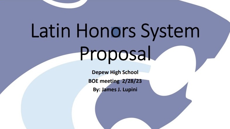 Blue wildcat with Latin Honors System Proposal, Depew High School, BOE meeting 2/28/23 By James Lupino