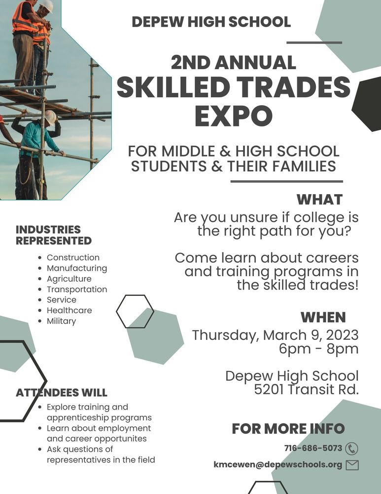 Green, white and black 2nd ANNUAL SKILLED TRADES EXPO flyer, with dates, times and contact info